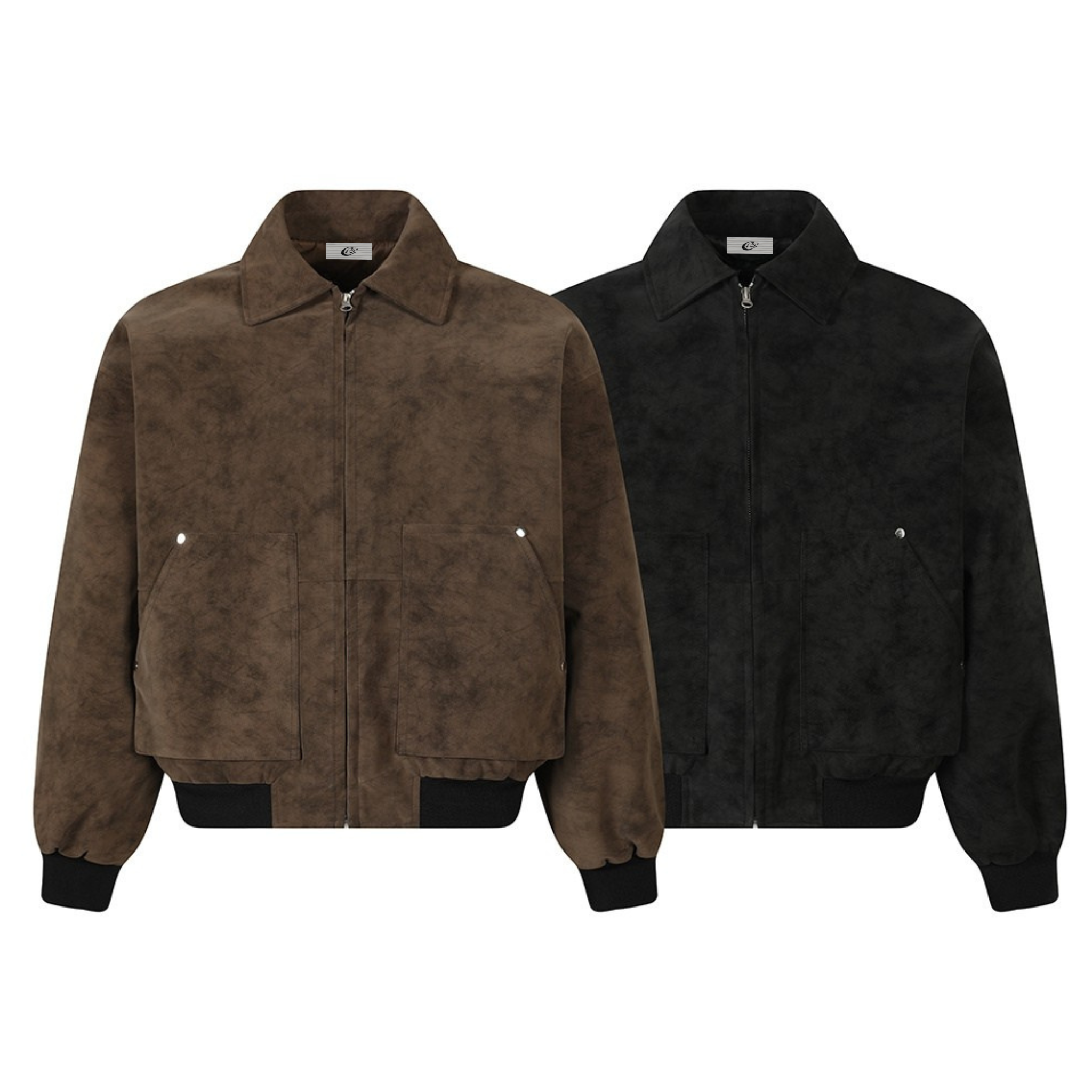 Omirad vintage suede texture bomber jacket in brown and black, front view showing flap pockets, ribbed cuffs, and zip closure