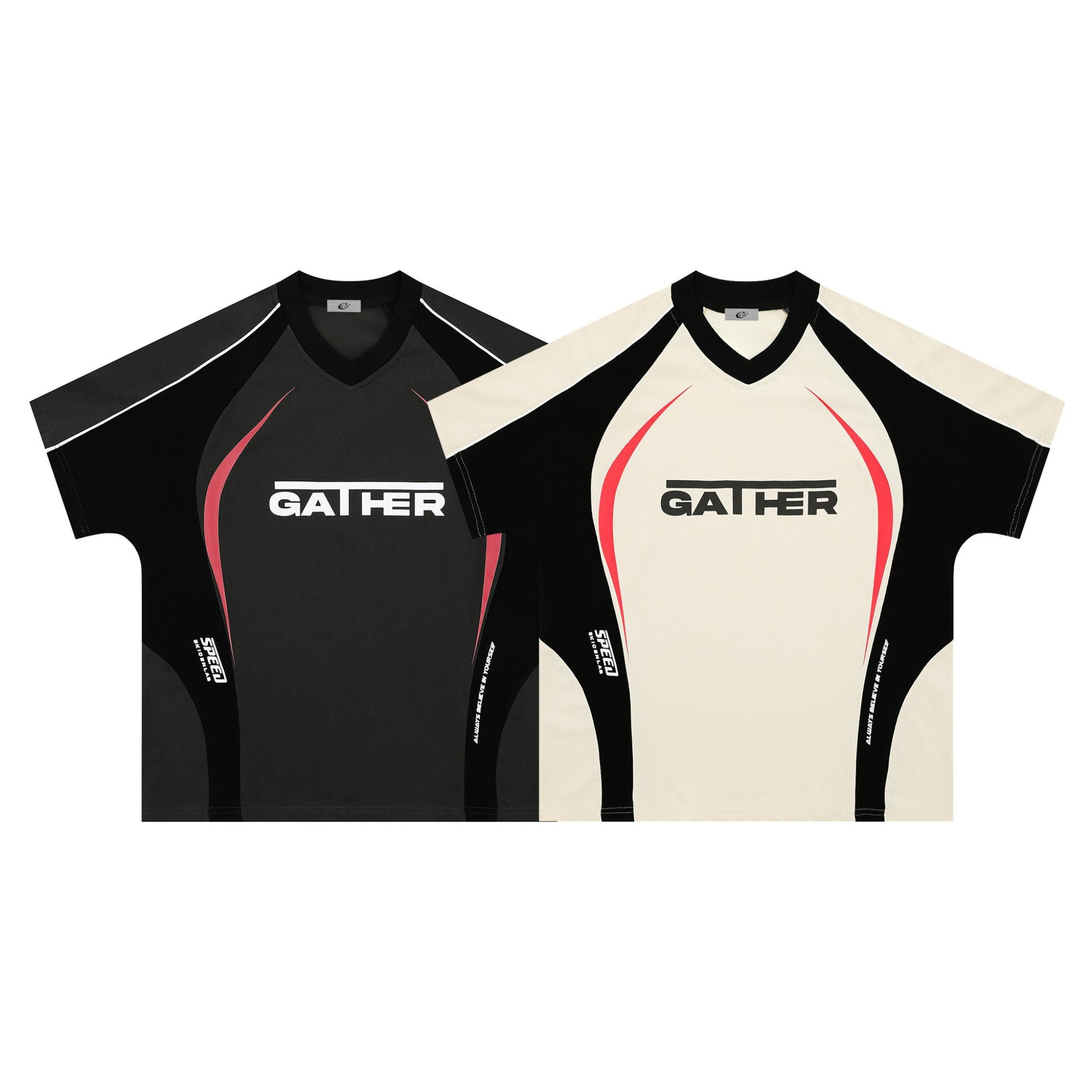 Gather Speed Curve Athletic Tee in black and off-white, showing curved contrast paneling and bold front logo, flat lay view