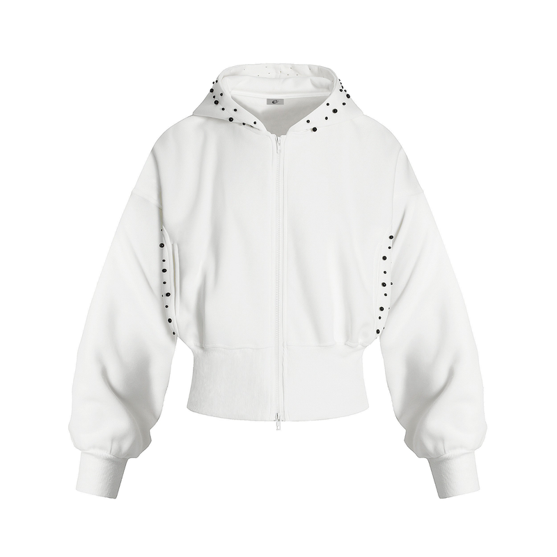 White cropped zip-up hoodie with black pearl trim along the hood and side seams, front view