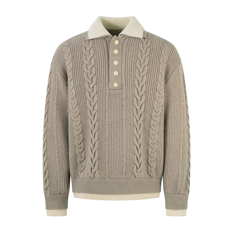 Beige cable knit polo sweater with cream contrast collar and four-button placket, front view