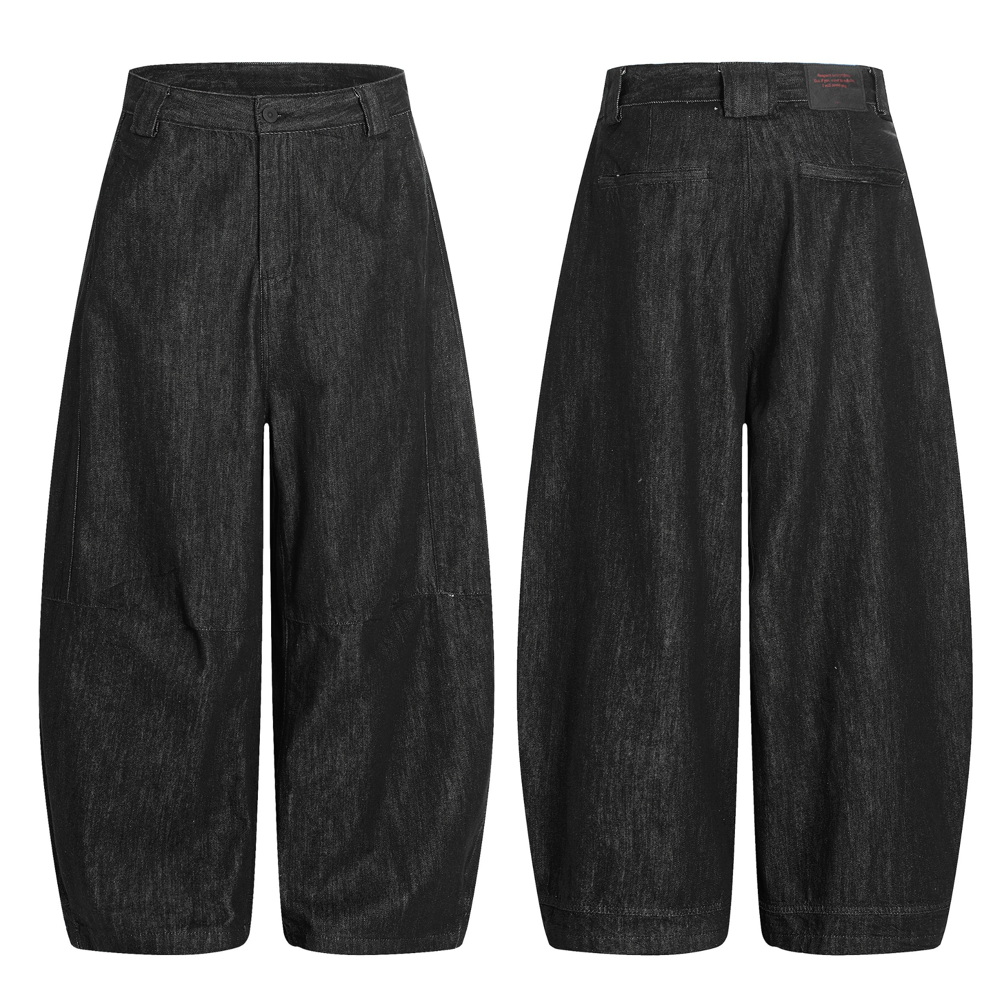 Front and back view of wide barrel leg washed black denim pants with high rise waistband and sculpted silhouette