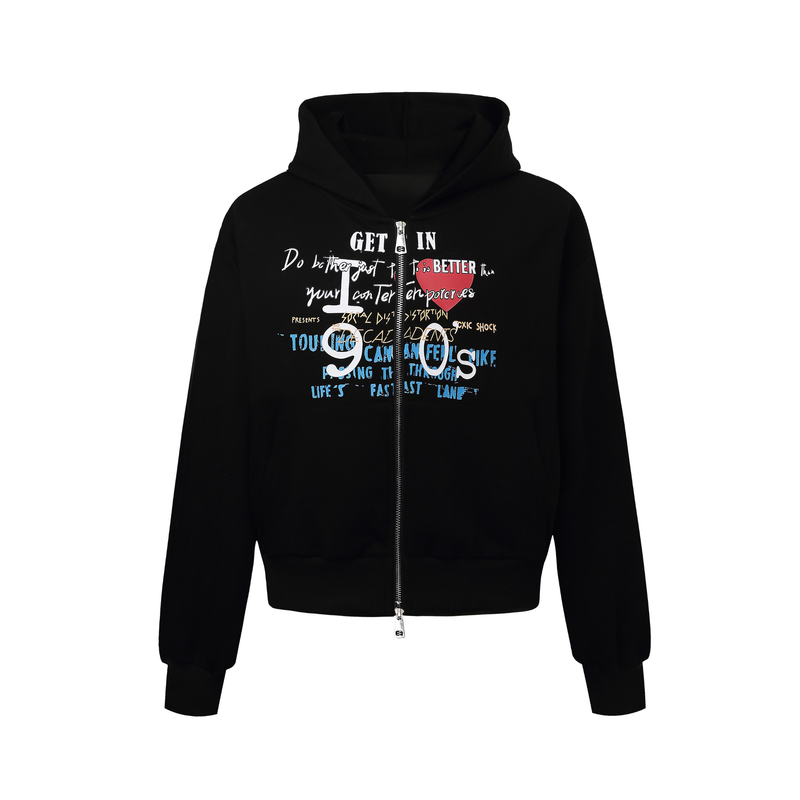 Black zip hoodie with collage-style graphic print, front view
