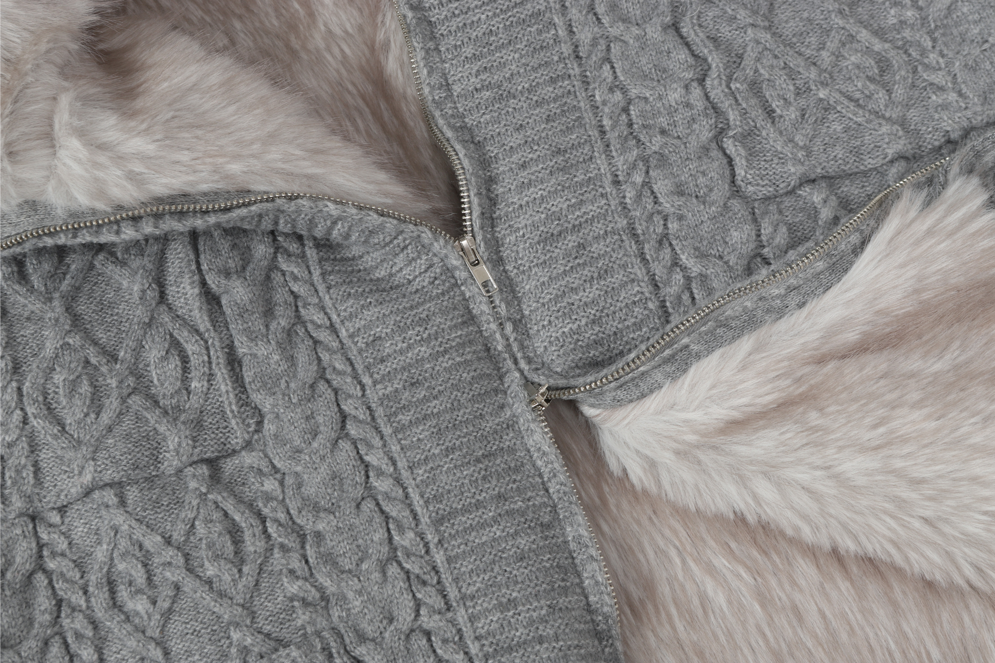 Fleece-Lined Cable Knit Zip Jacket | Faux Fur Collar