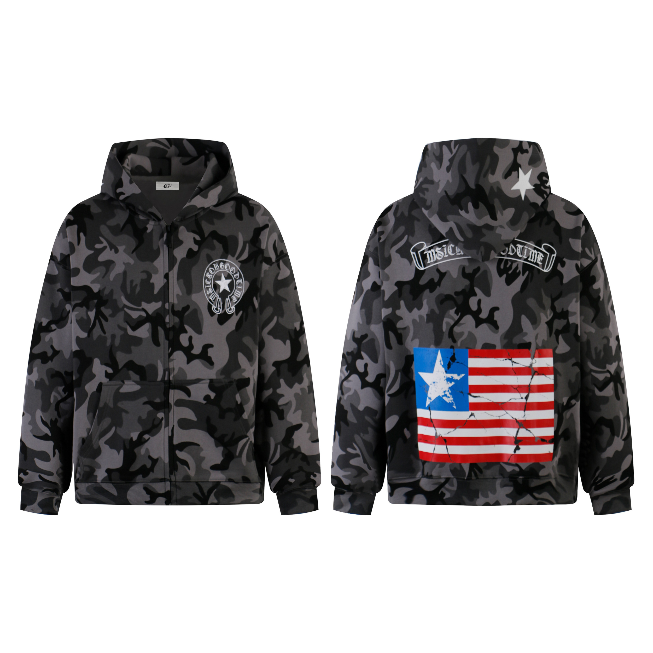 Camo Flag Zip-Up Hoodie | Streetwear Americana Hoodie