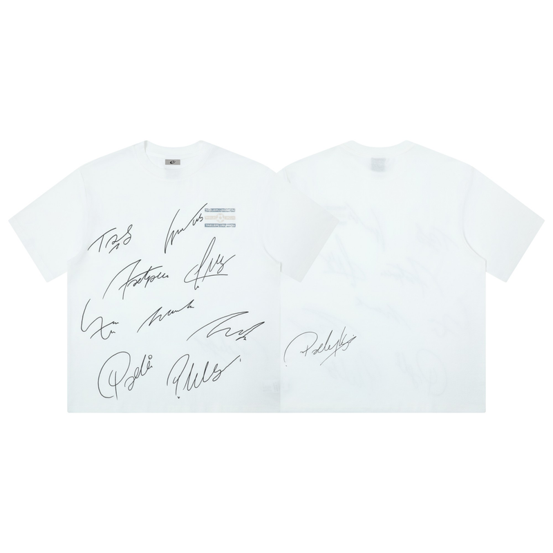White graphic tee with black autograph-style signatures and small chest logos, shown front and back on a clean background