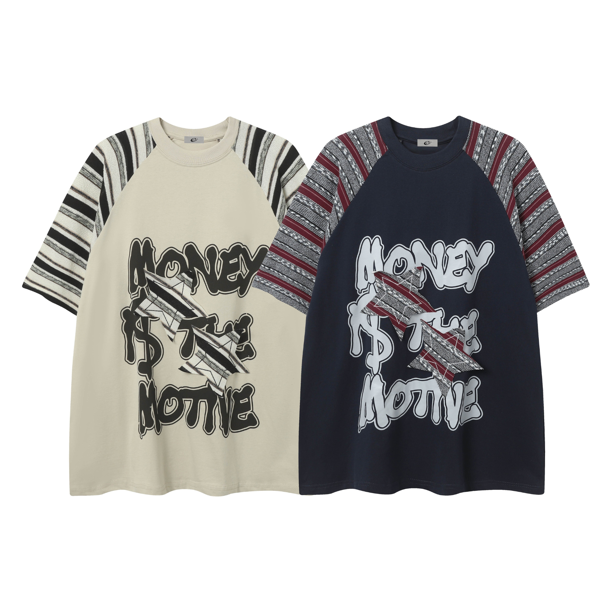 Cream oversized t-shirt with black tribal stripe raglan sleeves and Money Is The Motive graffiti graphic on the front