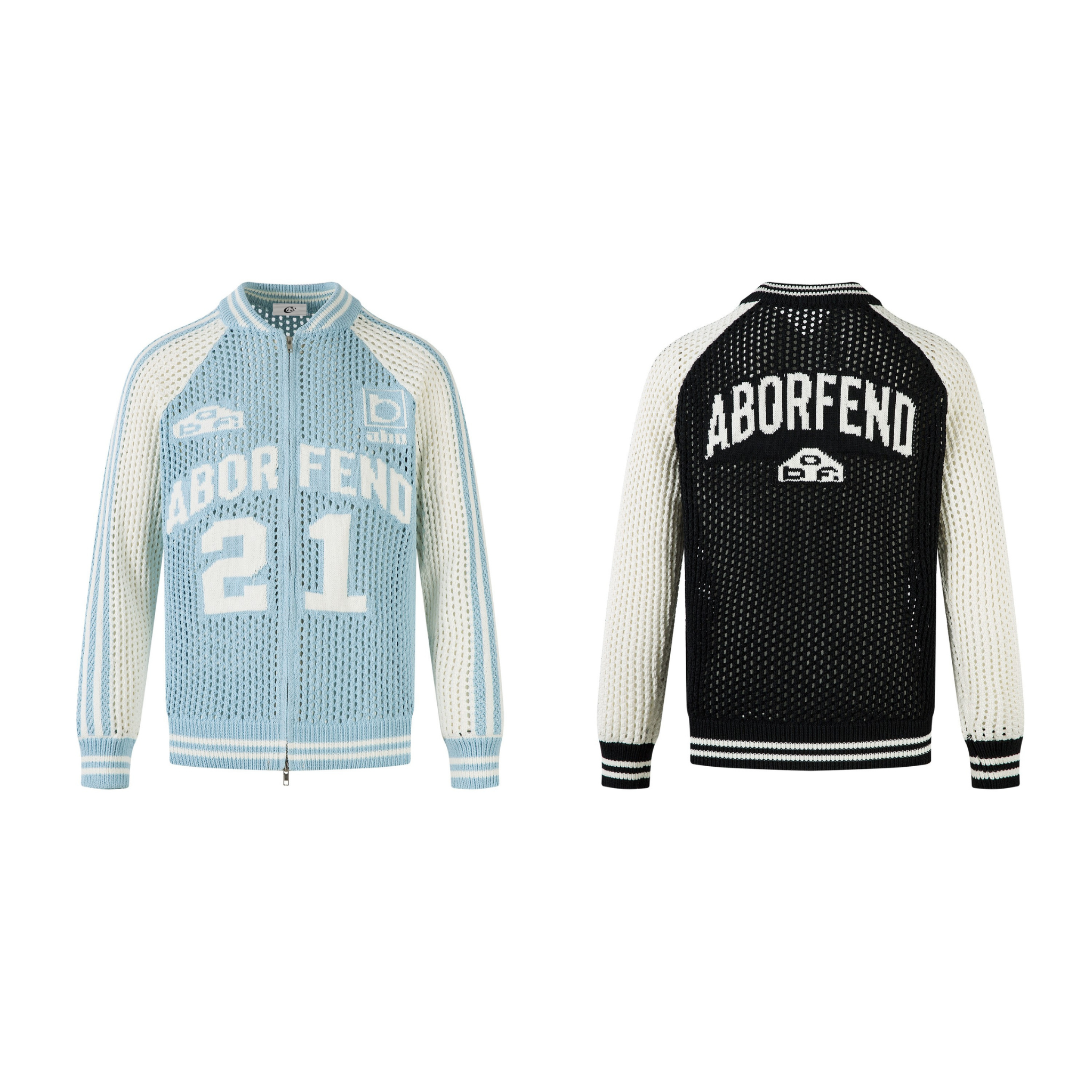 Sky blue and cream open-knit mesh varsity jacket with ABOR FEND lettering and number 21 graphic on front