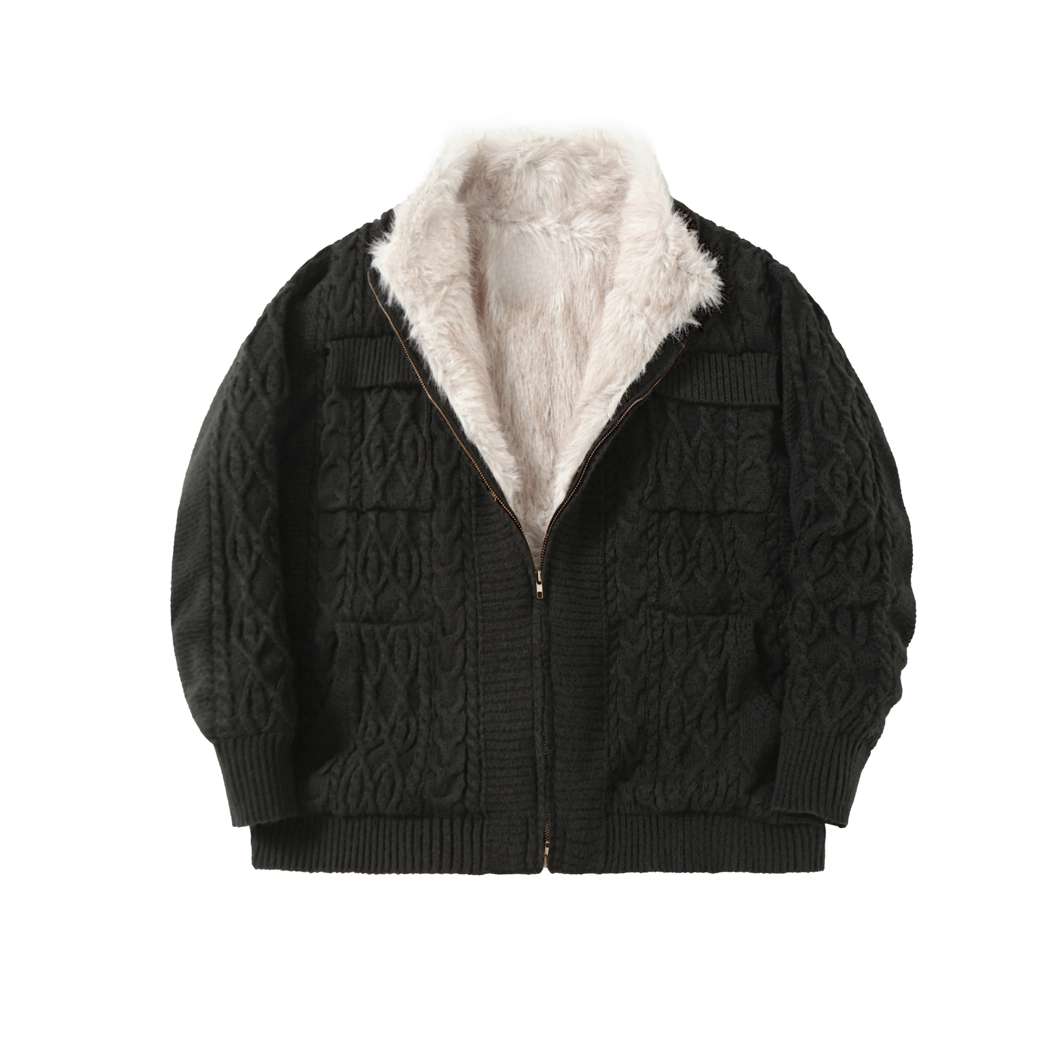 Fleece-Lined Cable Knit Zip Jacket | Faux Fur Collar