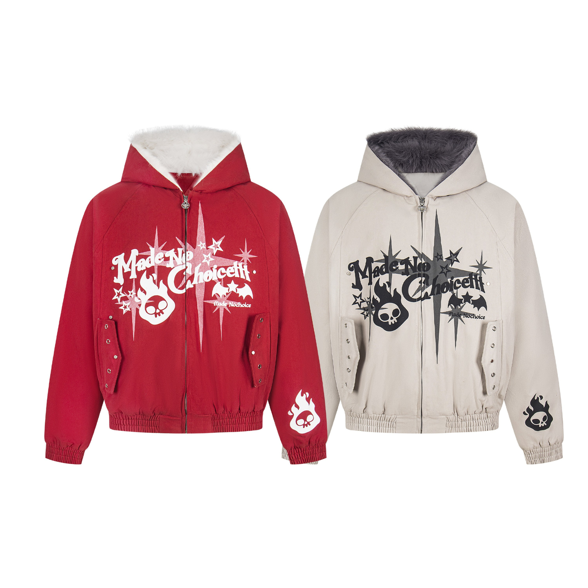 Red and cream faux fur collar quilted bomber jackets with skull flame graphic print and stud pocket details, shown front view