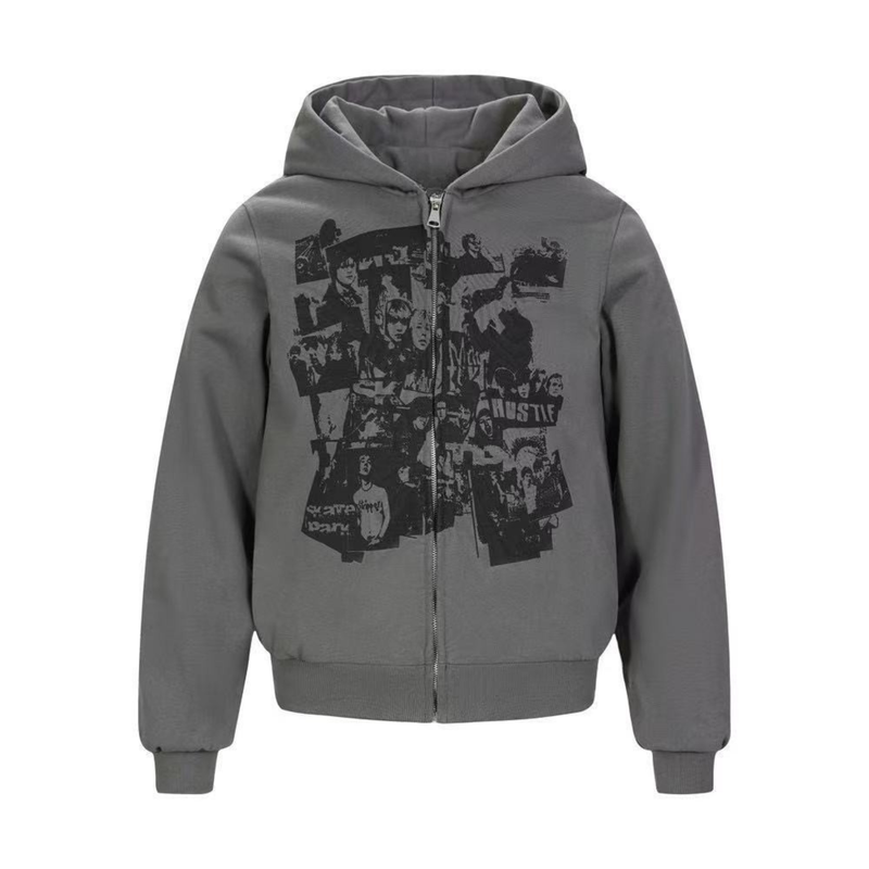Charcoal gray zip-up hoodie with black retro collage print, front view