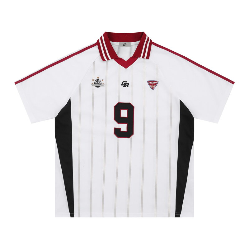 White mesh soccer jersey polo with red collar, black side panels, pinstripes, and large number 9 graphic