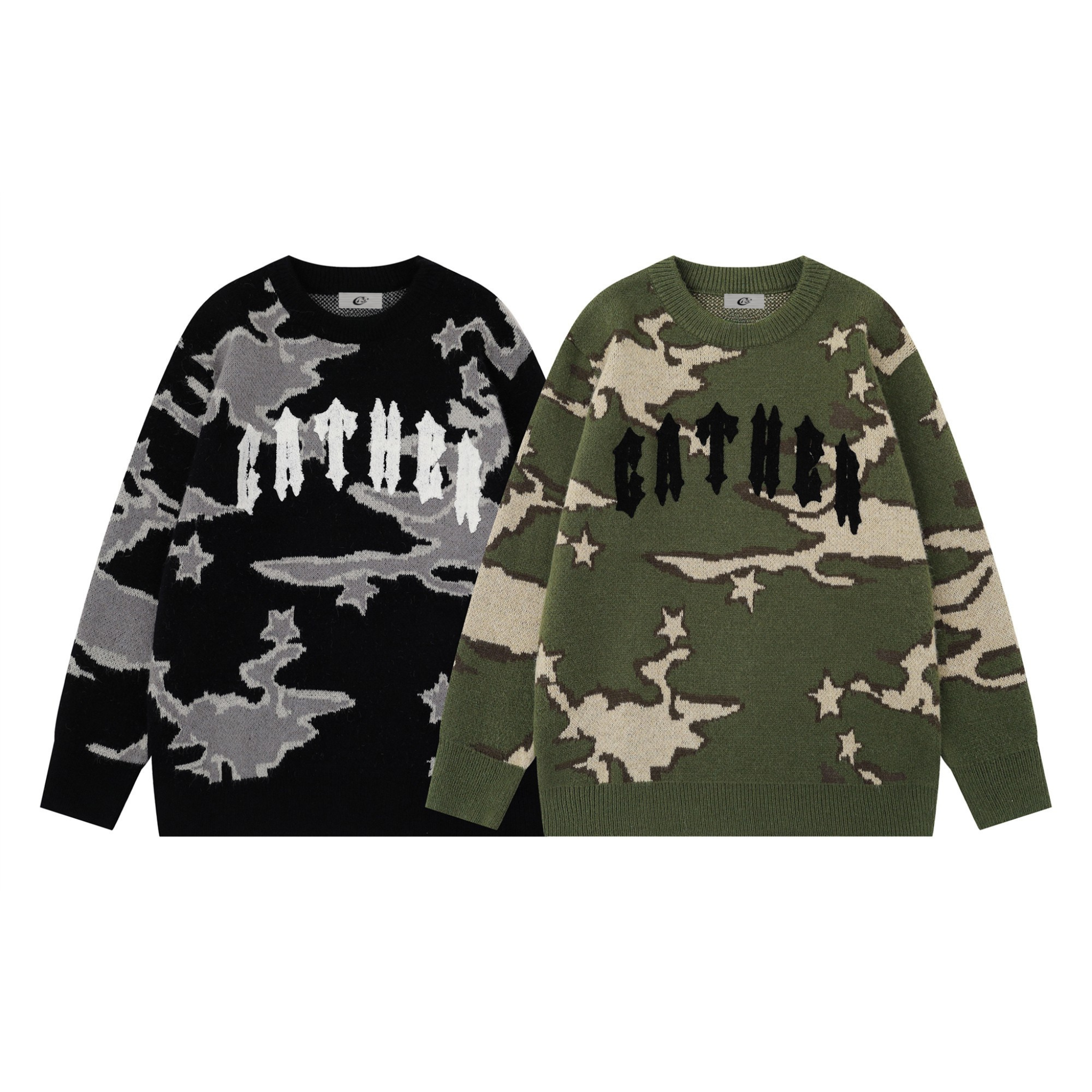 Black and grey camo jacquard knit sweater with white gothic chest lettering, laid flat on white background