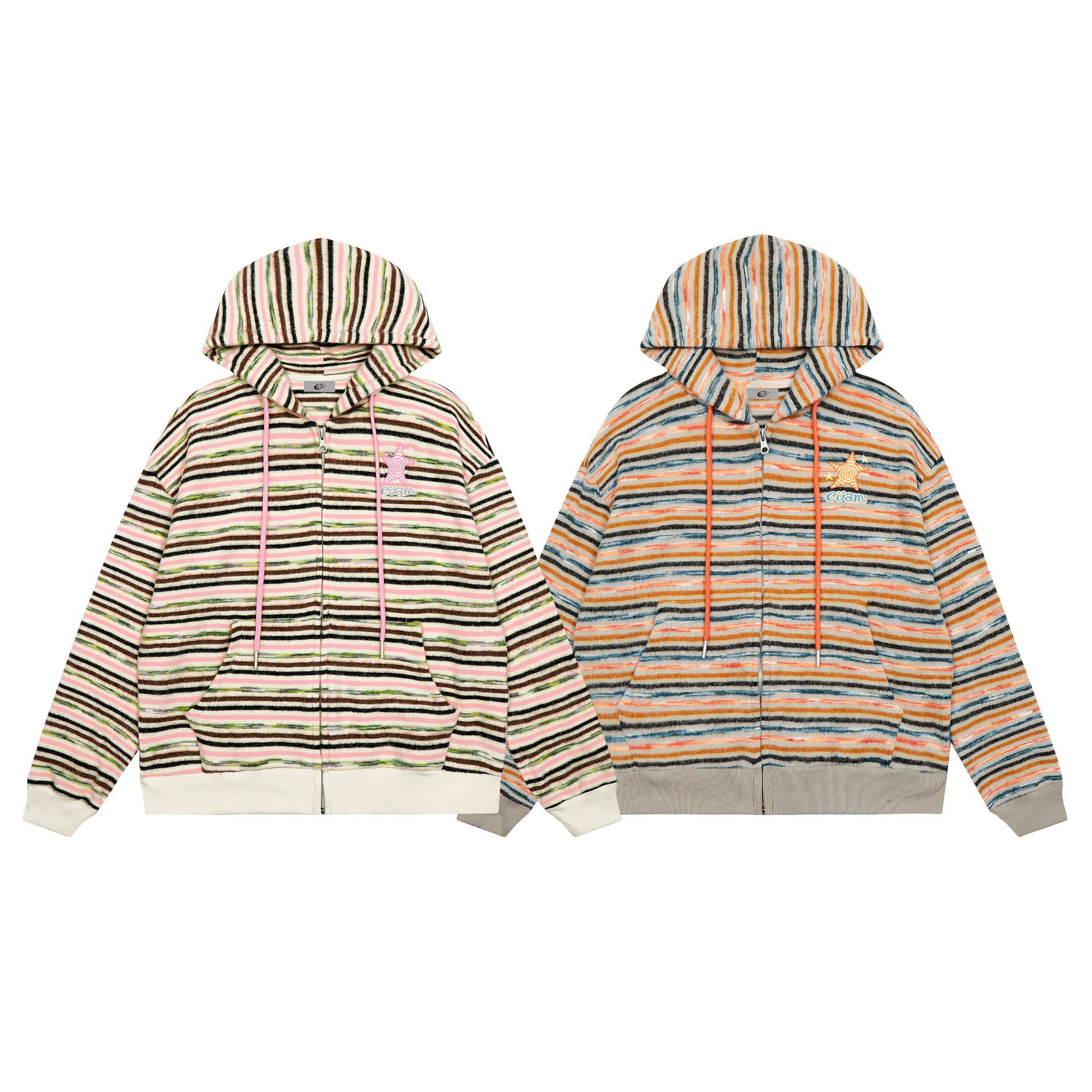 Two striped knit zip hoodies side by side, pink-brown-green and orange-teal colorways, with drawstring hoods and chest embroi