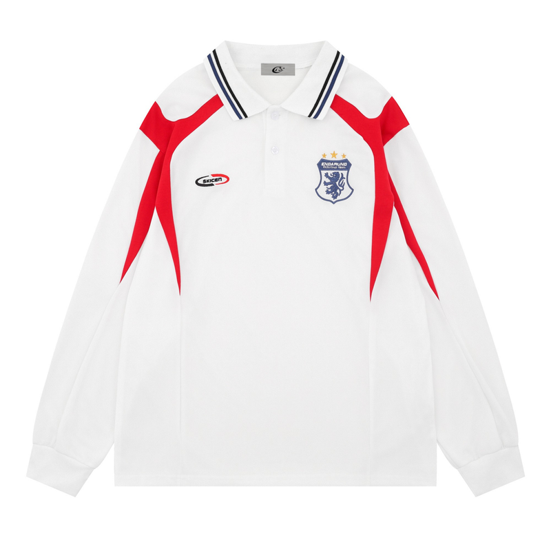 Front view of white long-sleeve polo jersey with red sleeve panels and blue-striped collar