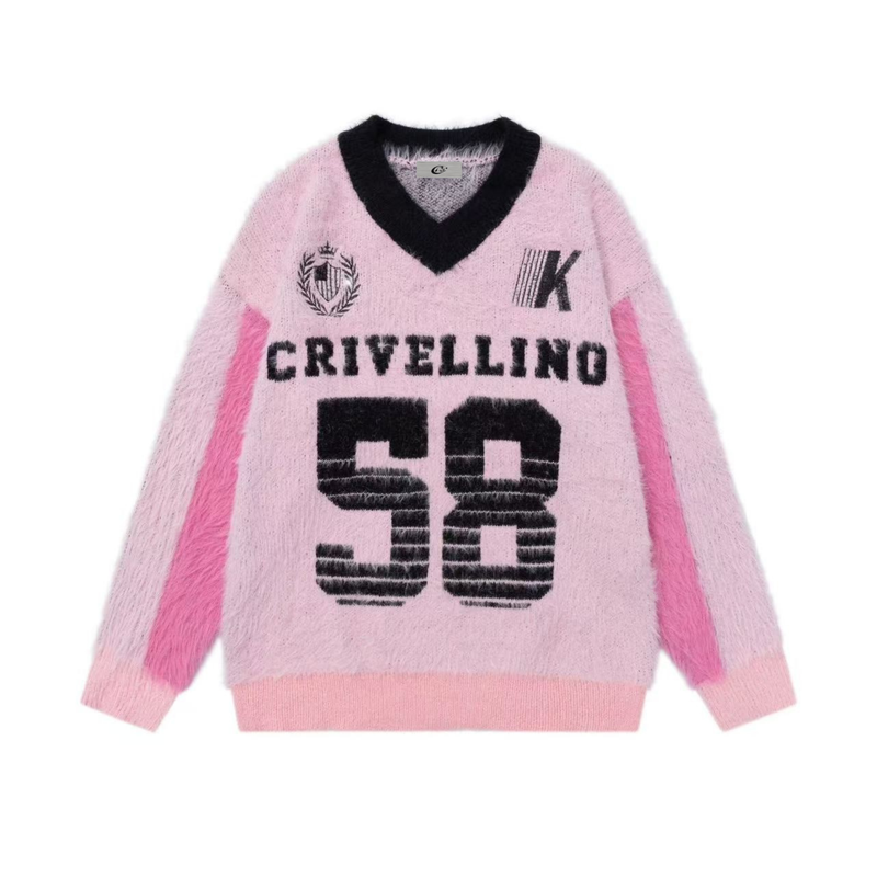 Pink fuzzy knit varsity sweater with black V-neck, collegiate front graphics, and large 58