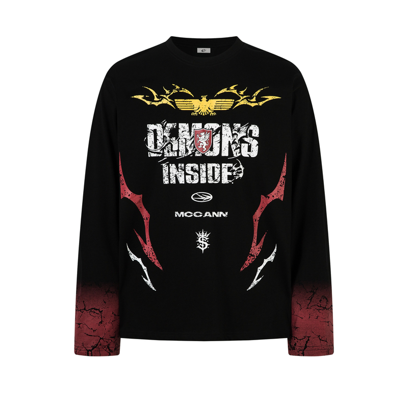 Black long sleeve tee with yellow and white Demons Inside front graphic