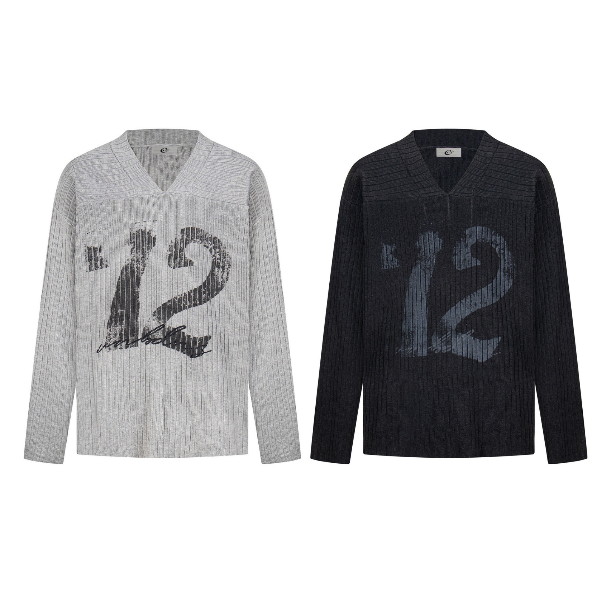 Grey and black ribbed knit V-neck tops with distressed vintage number 12 graphic print on the front