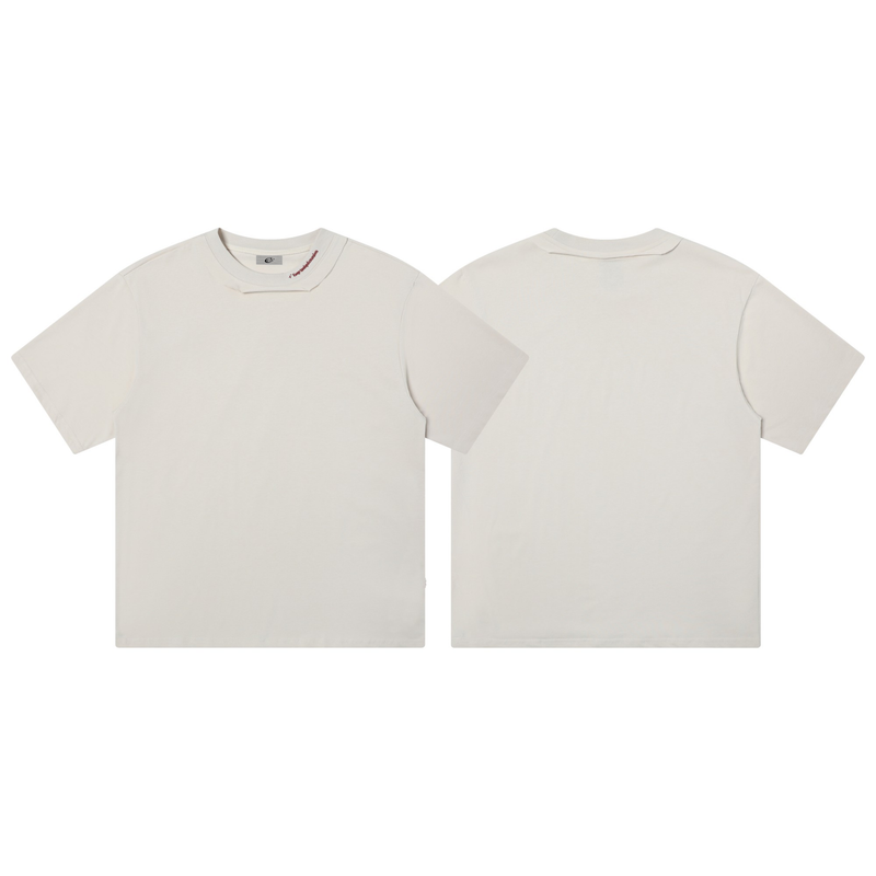 Minimalist cream oversized tee with deconstructed collar, shown front and back on a white background