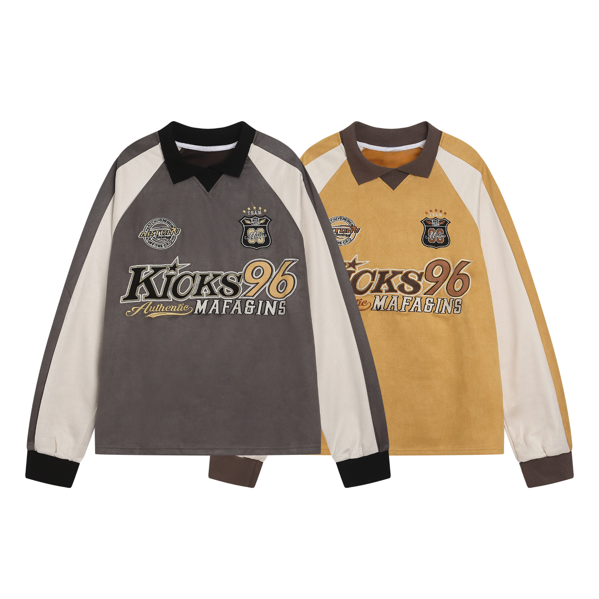 Charcoal and mustard varsity rugby tops with Kicks 96 embroidered lettering and contrast raglan sleeves