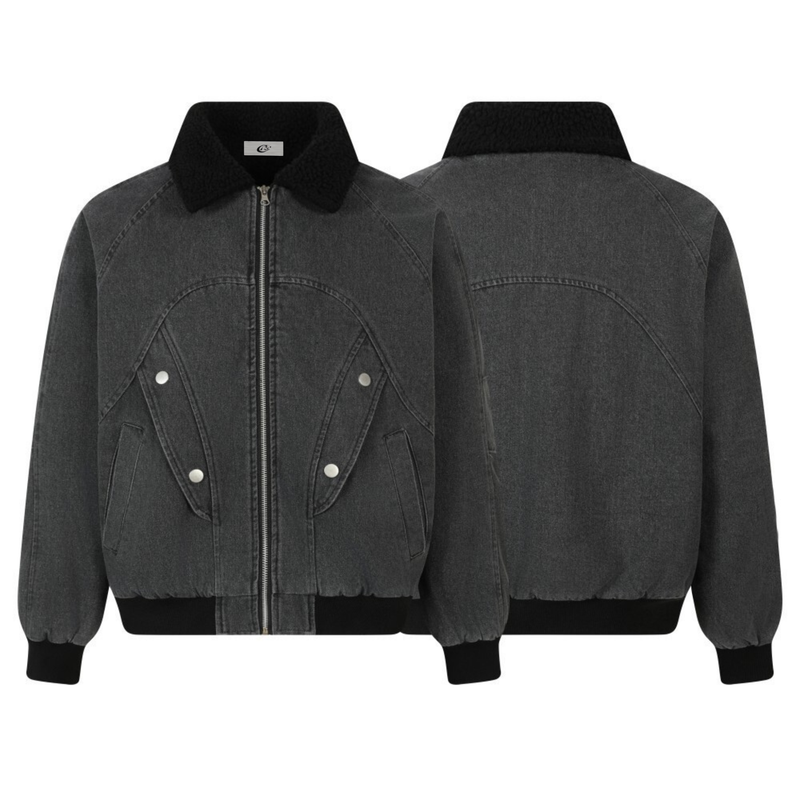 Quilted Denim Sherpa Collar Bomber Jacket | Streetwear