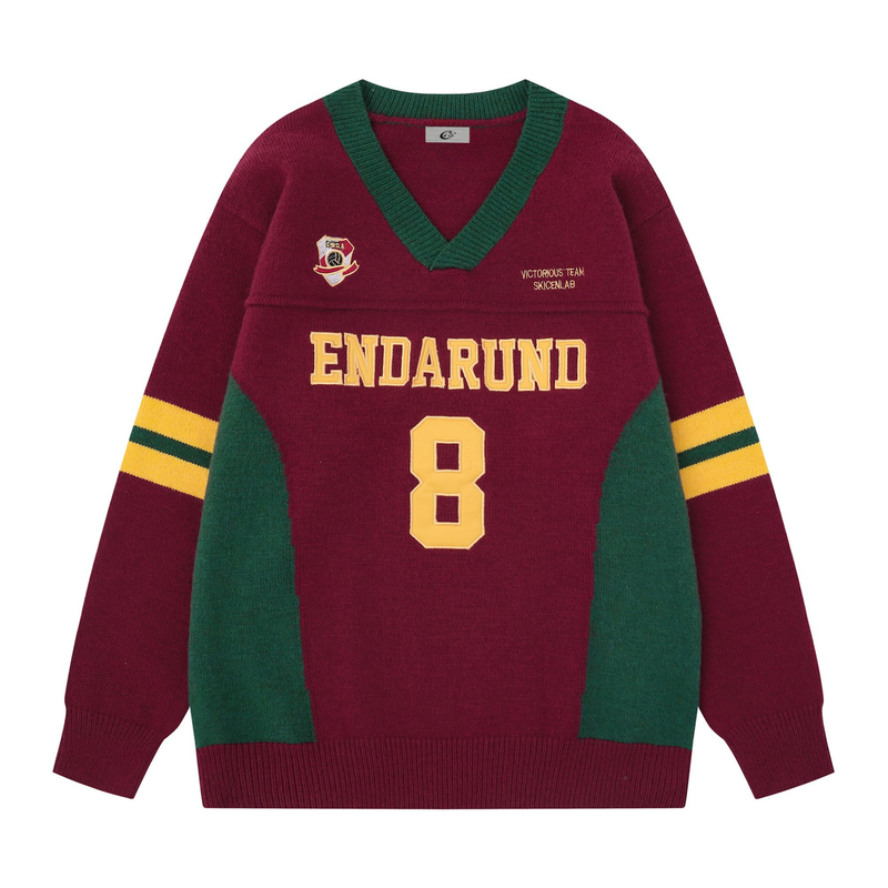 Burgundy knit sweater with green V-neck, yellow varsity number 8, and ENDARUND chest lettering front view