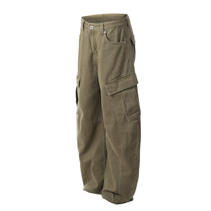 Olive wide-leg cargo jeans angled front view showing side cargo pocket and loose leg