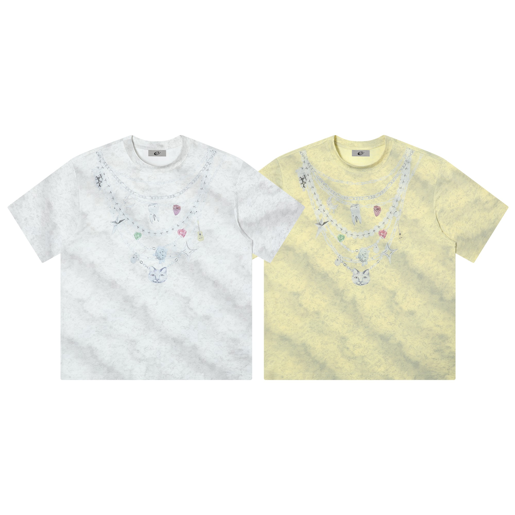 Omirad Charm Necklace Graphic Tee in white and yellow tie-dye with layered jewel charm necklace print on the chest