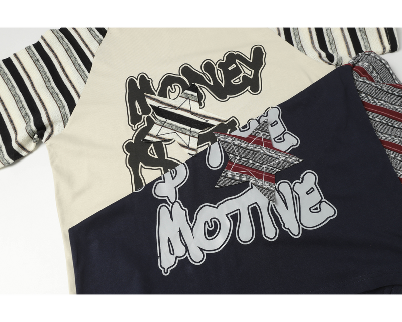 Patchwork graphic T-shirt with Money Is The Motive print, striped star detail, and cream and black panels