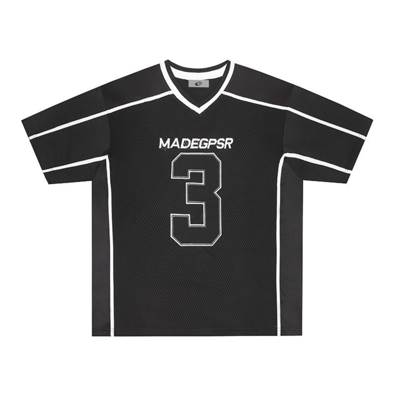 Black oversized mesh football jersey tee with white trim and large number 3 on the front