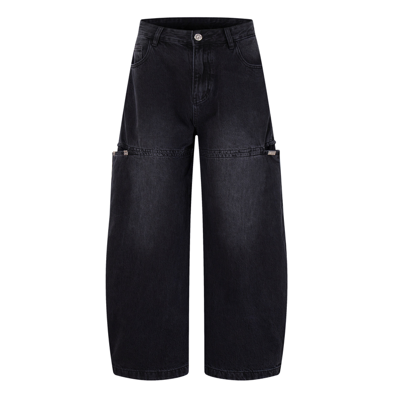 Dark wash wide-leg jeans front view with split-panel seam and utility pocket details