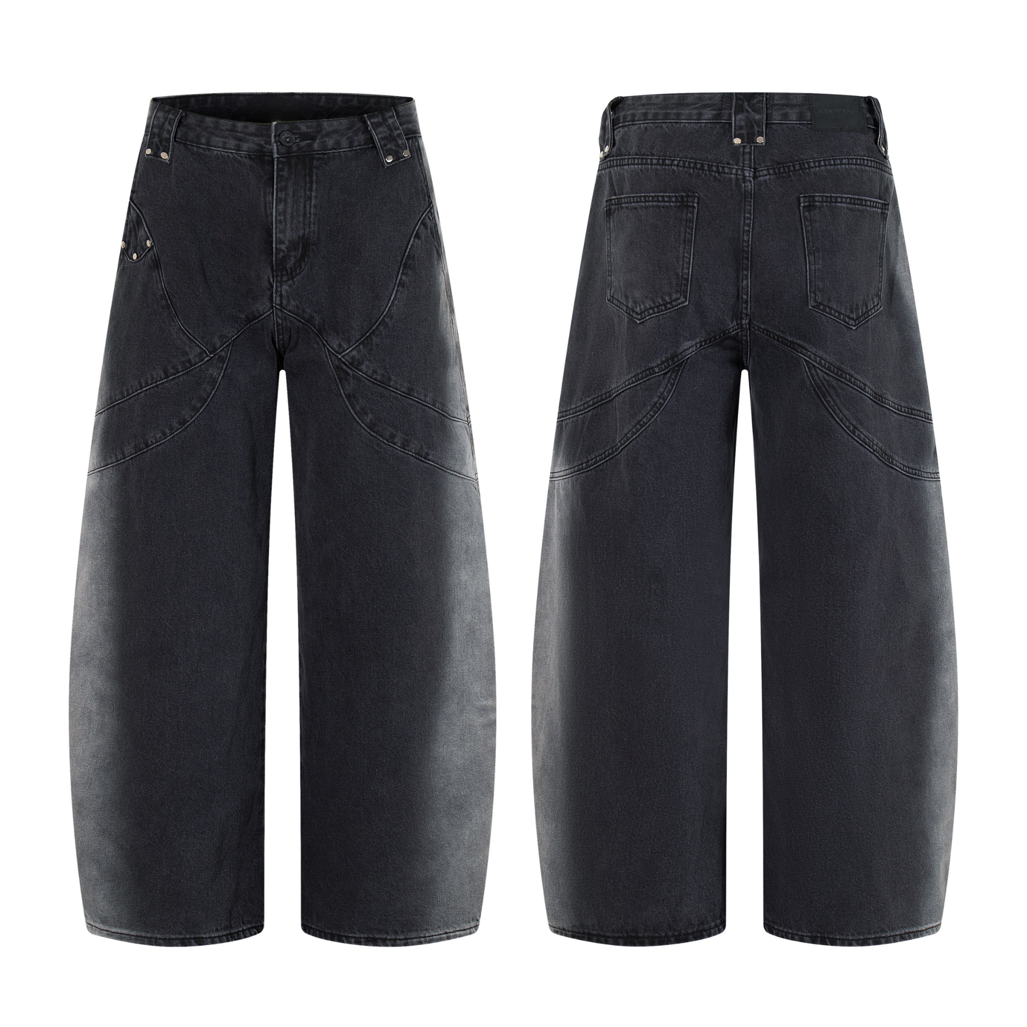Front and back view of washed black wide-leg jeans with curved arc-stitch panel seams and five-pocket design