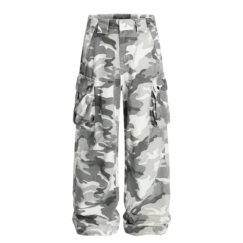 Front view of gray and white camouflage cargo pants with wide legs and side flap pockets