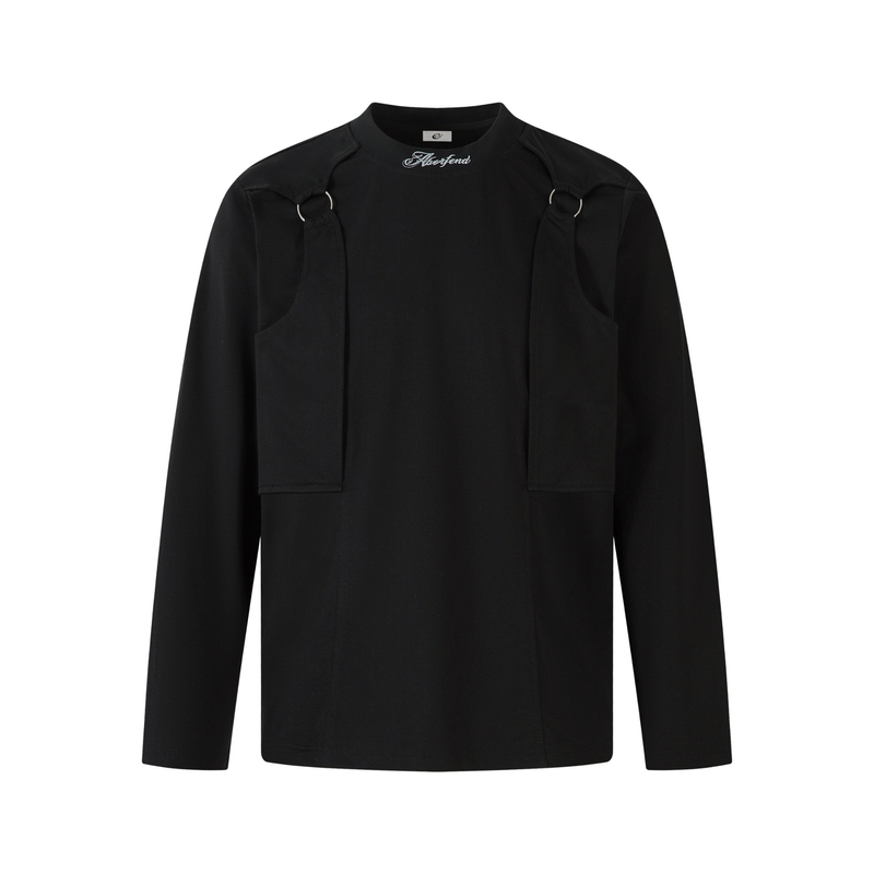 Black long sleeve tee with structured front panels, metal ring details, and crew neck