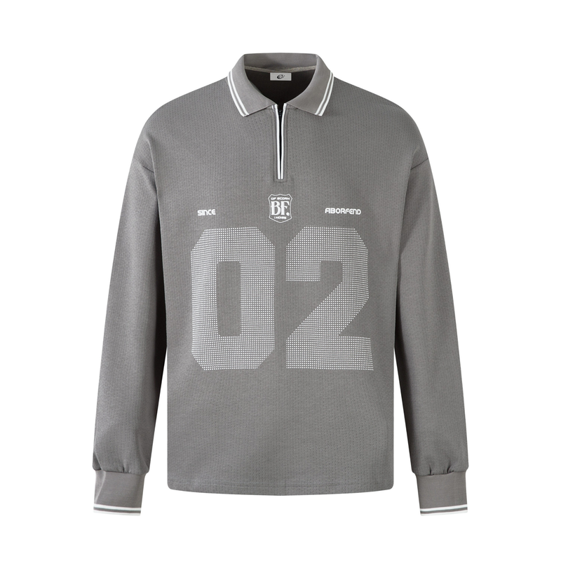 Gray long sleeve polo shirt with zip placket, white striped collar, and large 02 graphic