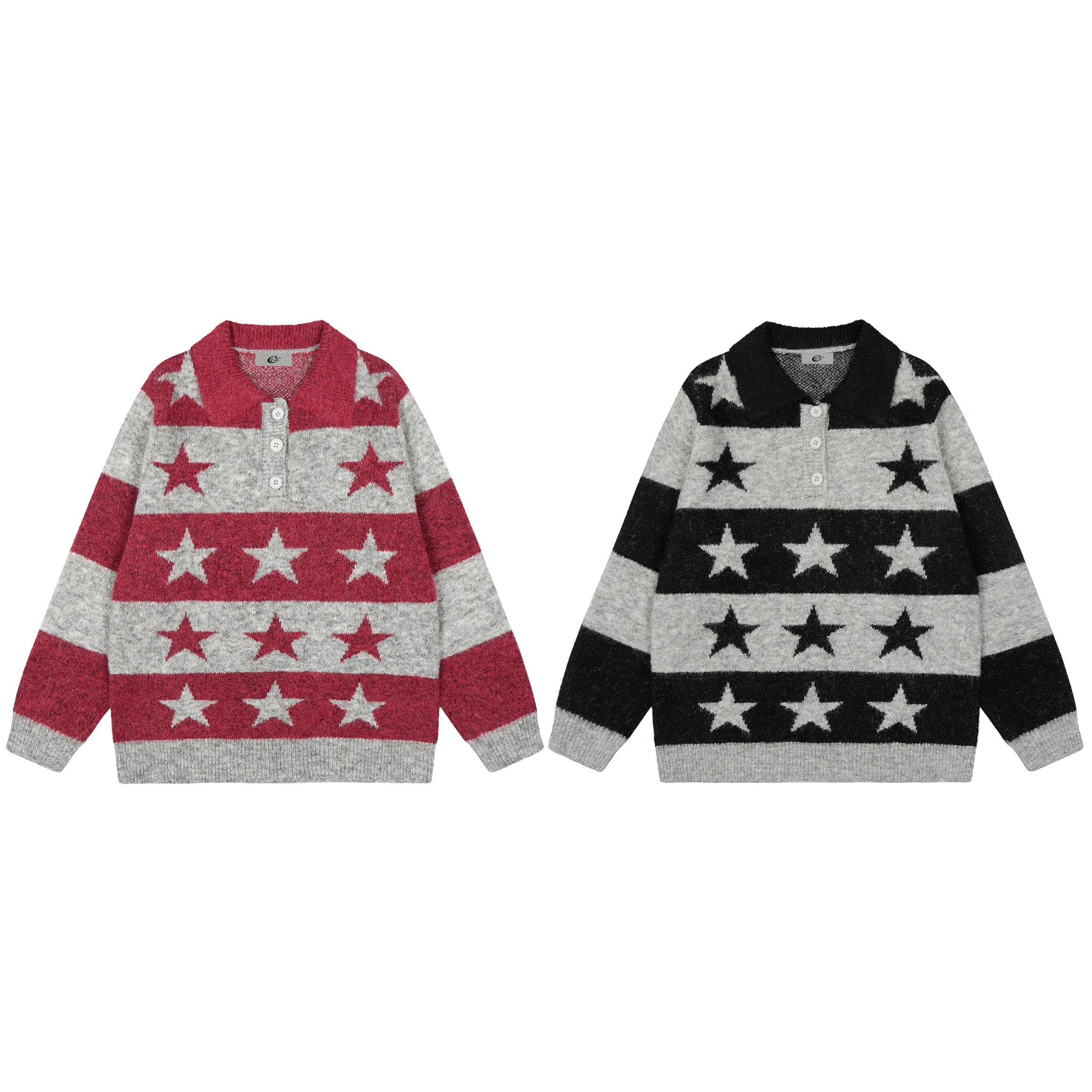 Red and grey star stripe knit polo sweater with button placket and spread collar, laid flat on white background