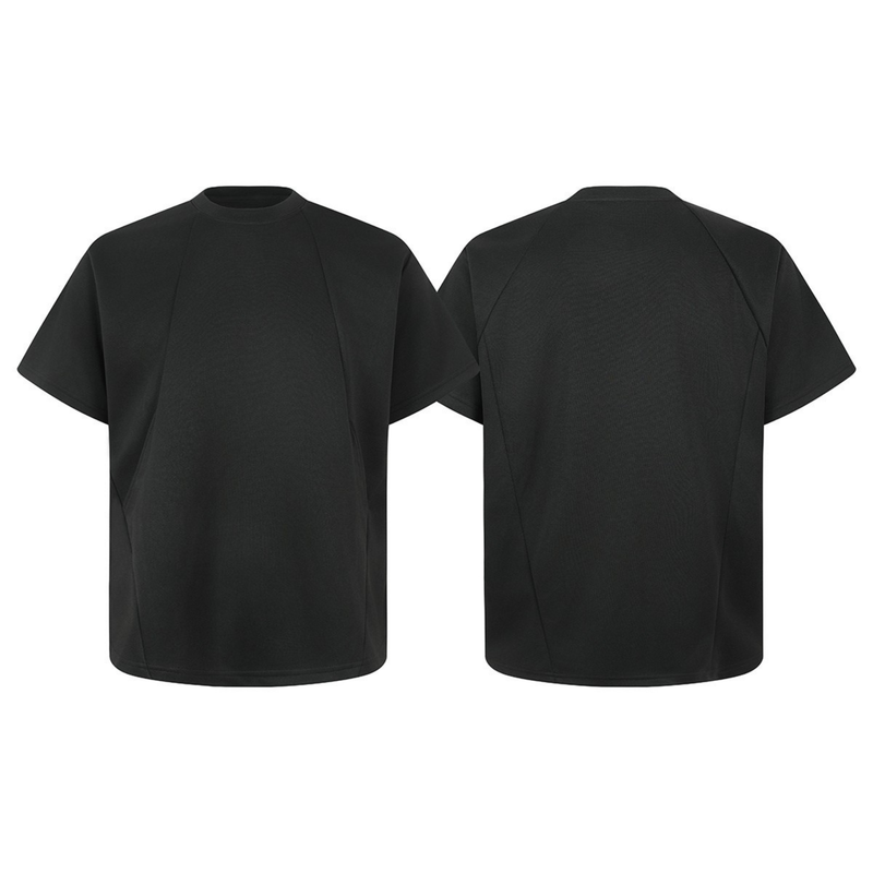 Black oversized tee with geometric seam detailing, shown front and back on a clean white background
