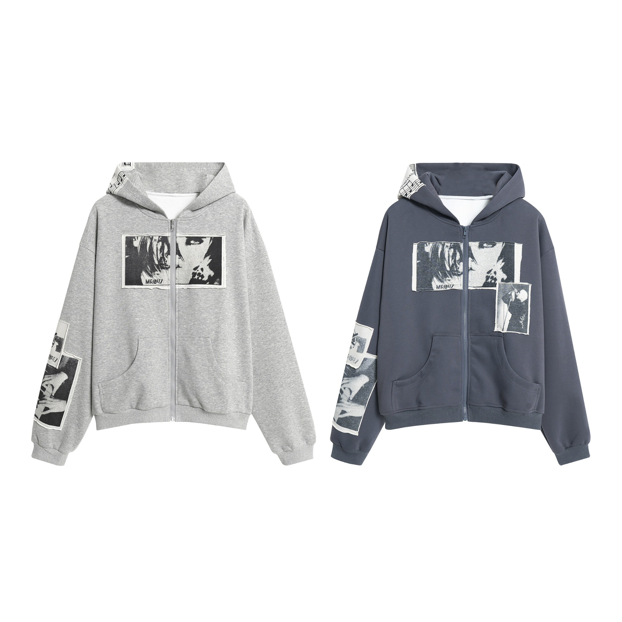 Heather grey zip-up hoodie with black-and-white photo collage patches on chest, sleeves, and hood lining