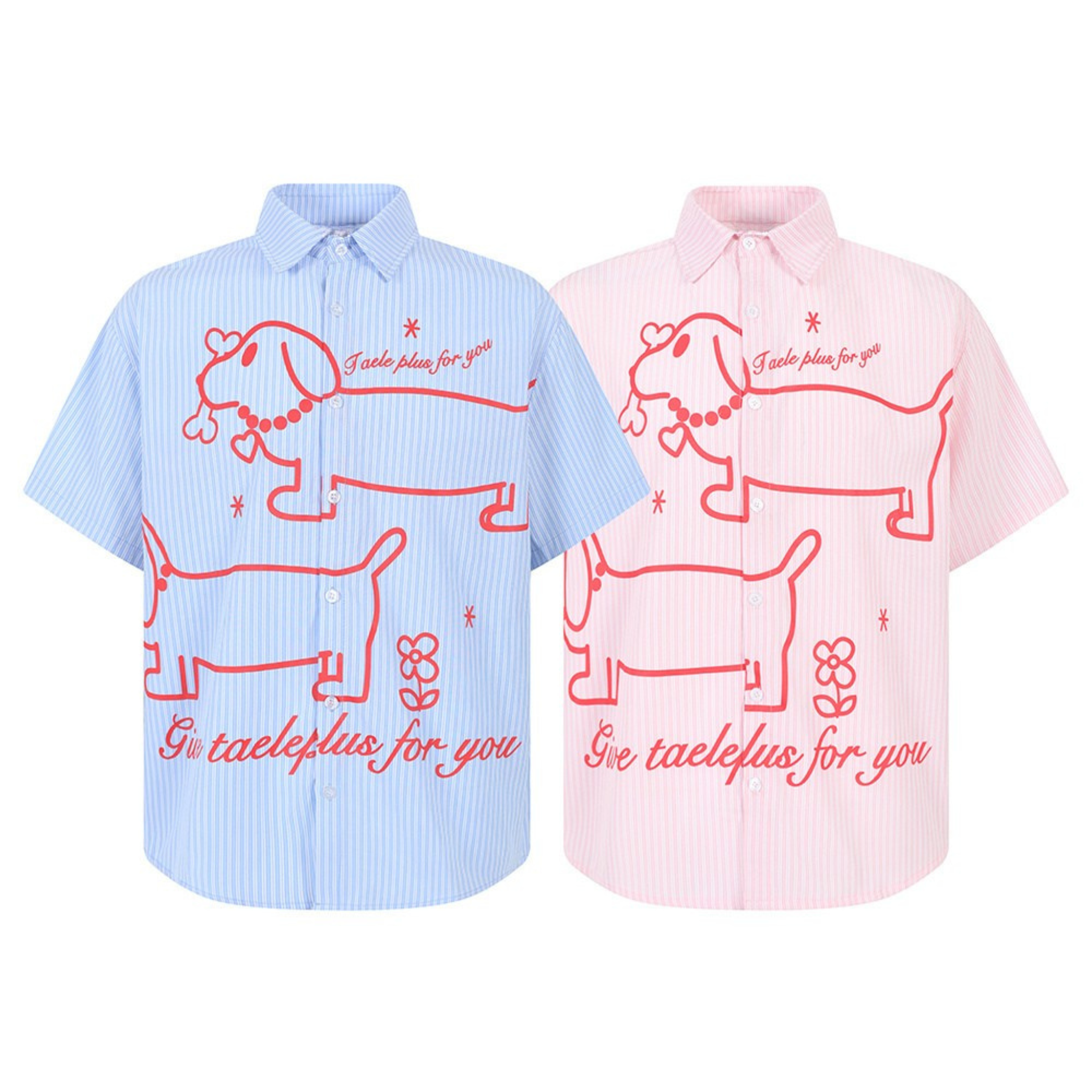 Pastel pink and blue striped short-sleeve button-up shirts with red cartoon dog graphic print laid flat on white background