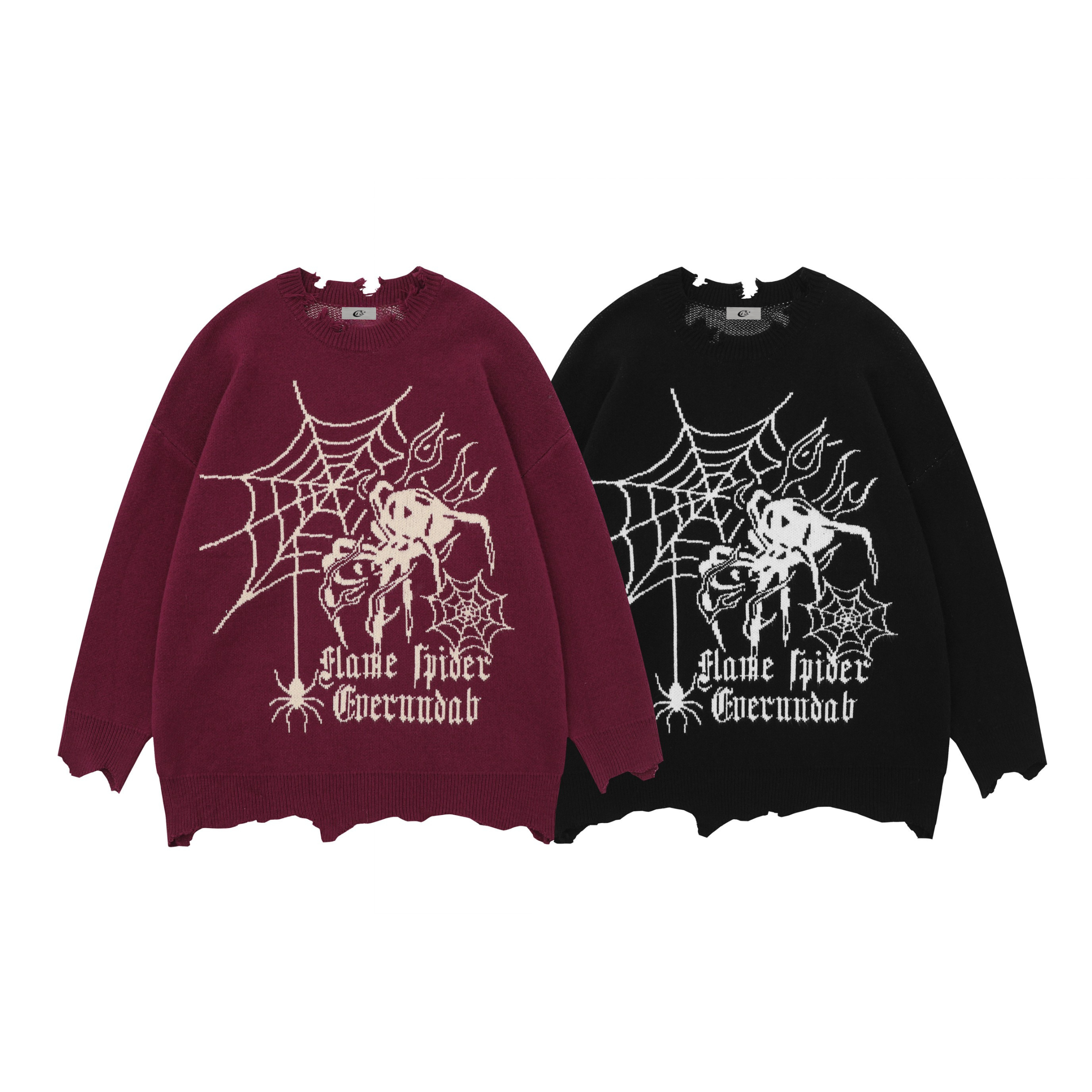 Omirad Flame Spider distressed knit sweater in burgundy and black with spider-web jacquard graphic and frayed hem, front view