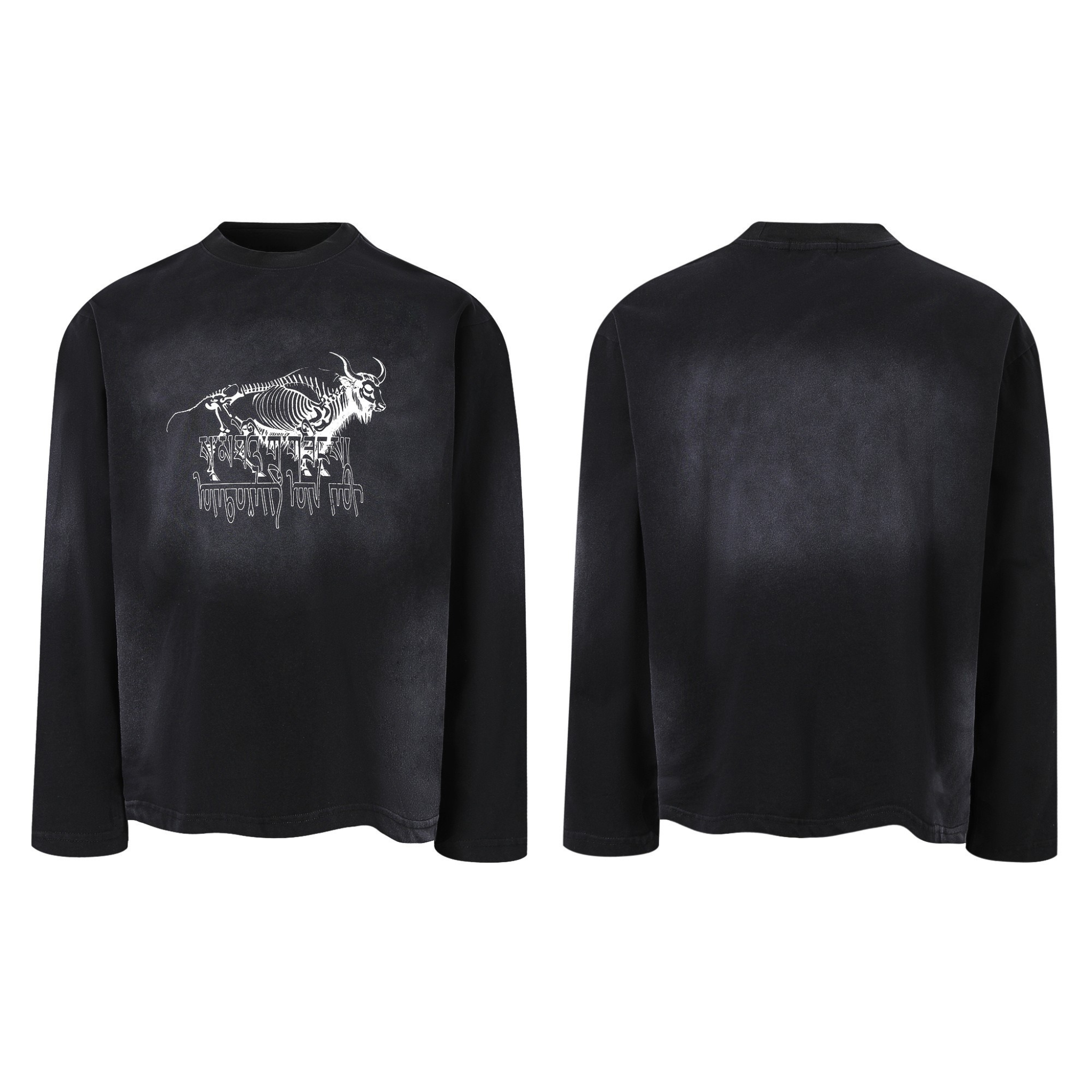 Black gradient washed long-sleeve tee with white skeletal bull illustration and gothic drip typography on the chest, front an