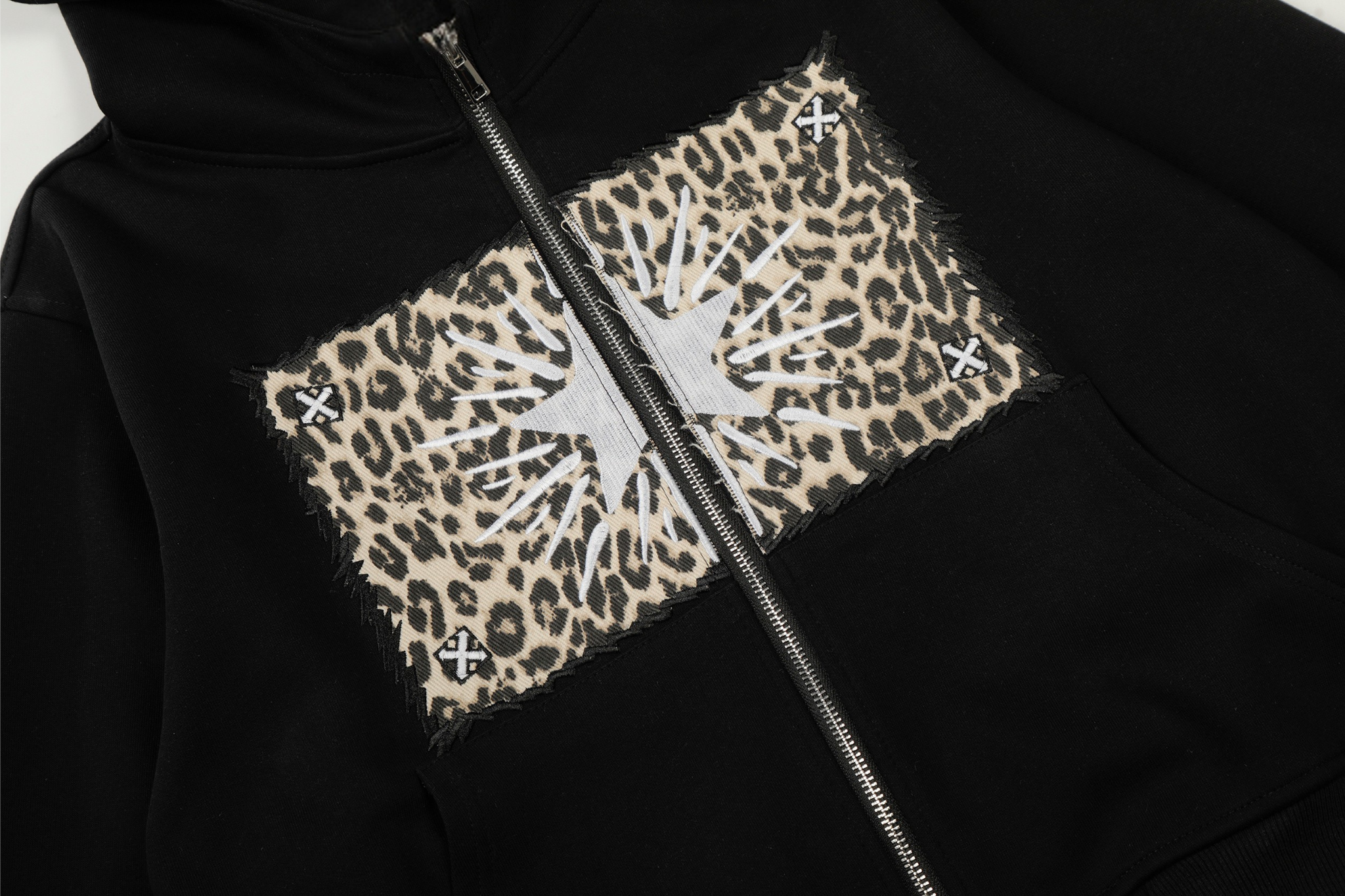 Leopard Panel Cat Ear Zip-Up Hoodie | Street Style Black