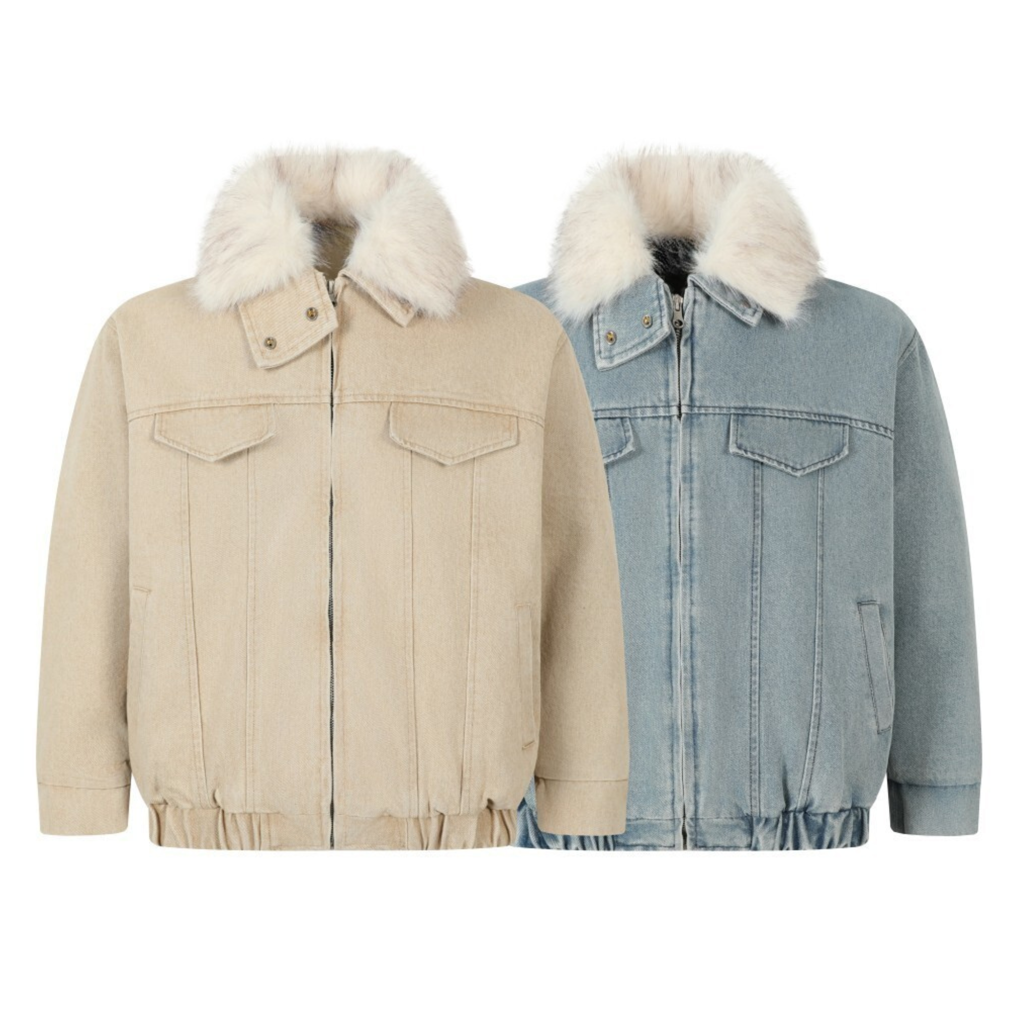 Sand beige and light blue faux fur collar denim jackets side by side, zip-up bomber style with detachable white fur collar