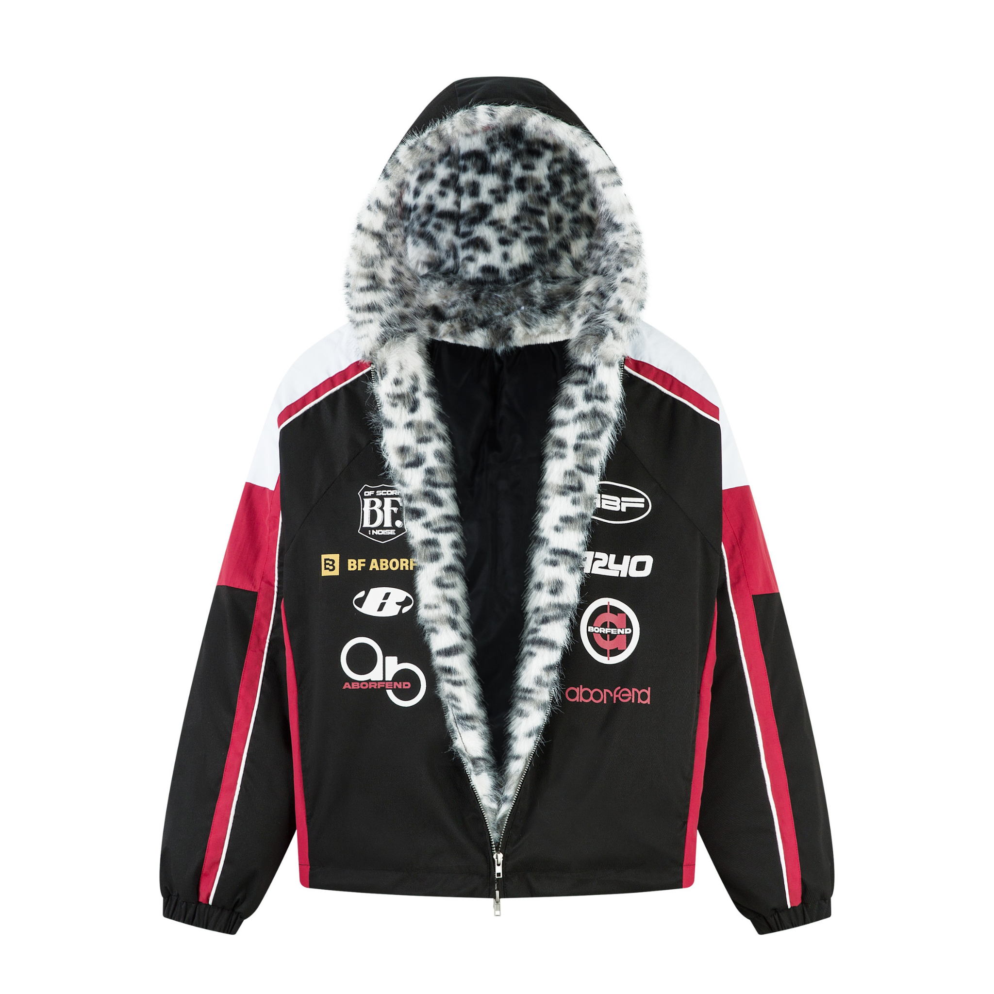 Racing Patch Faux Fur Hood Jacket | Color-Block Nylon
