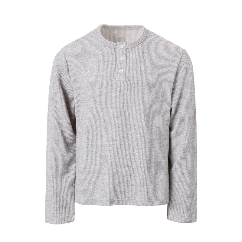 Heather gray ribbed henley tee front view with three-button placket