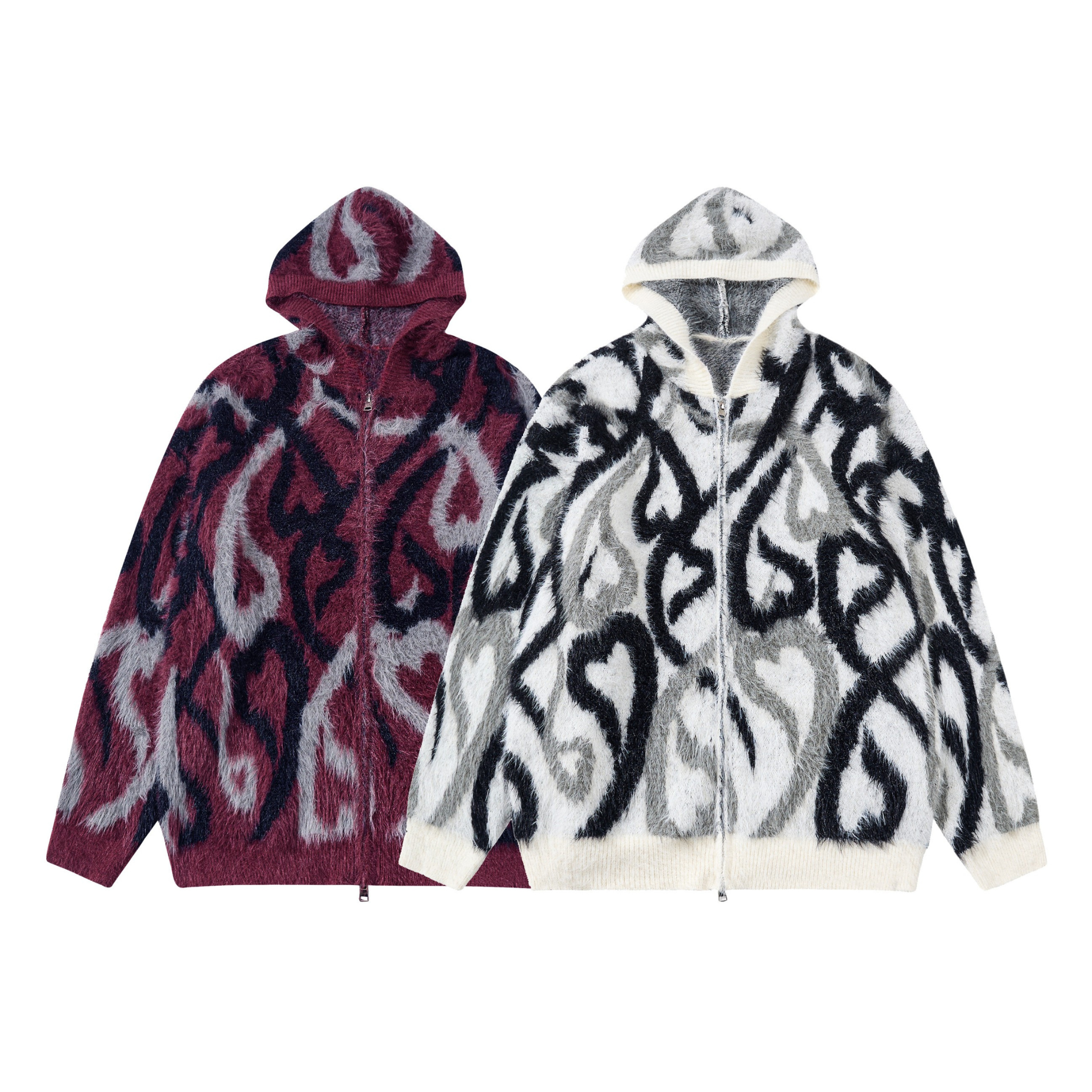 Burgundy and white faux-fur zip hoodies with abstract flame jacquard pattern, shown flat on white background