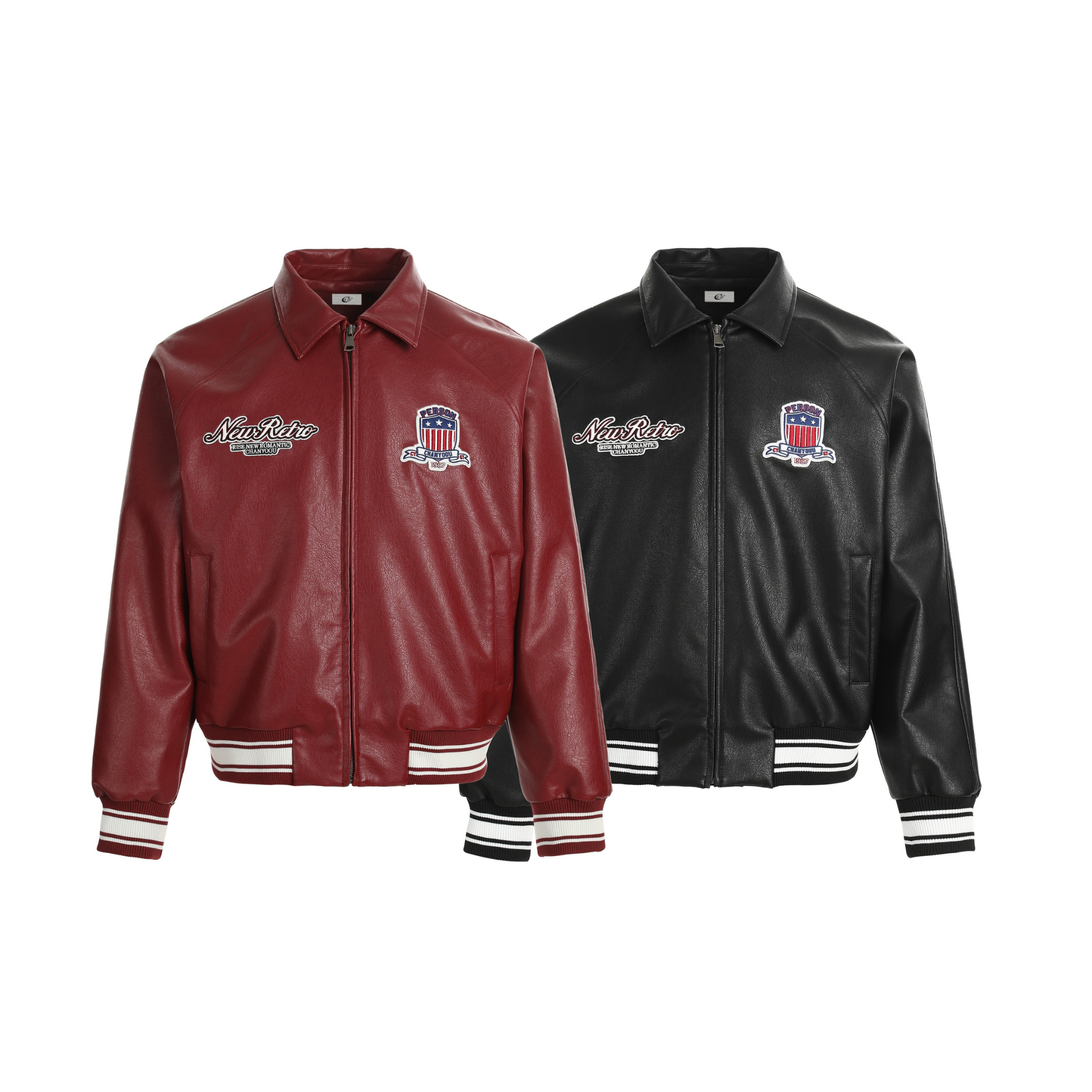 Burgundy and black PU leather varsity bomber jackets with embroidered patches and striped ribbed hem and cuffs