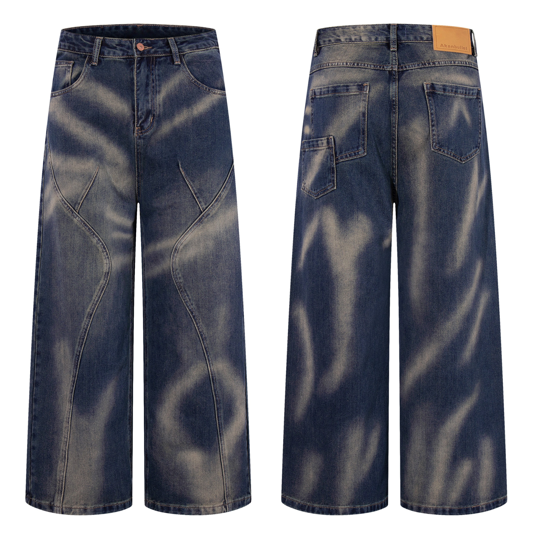 Front and back view of wide-leg vintage blue denim jeans with smoke-fade wash and curved panel seams