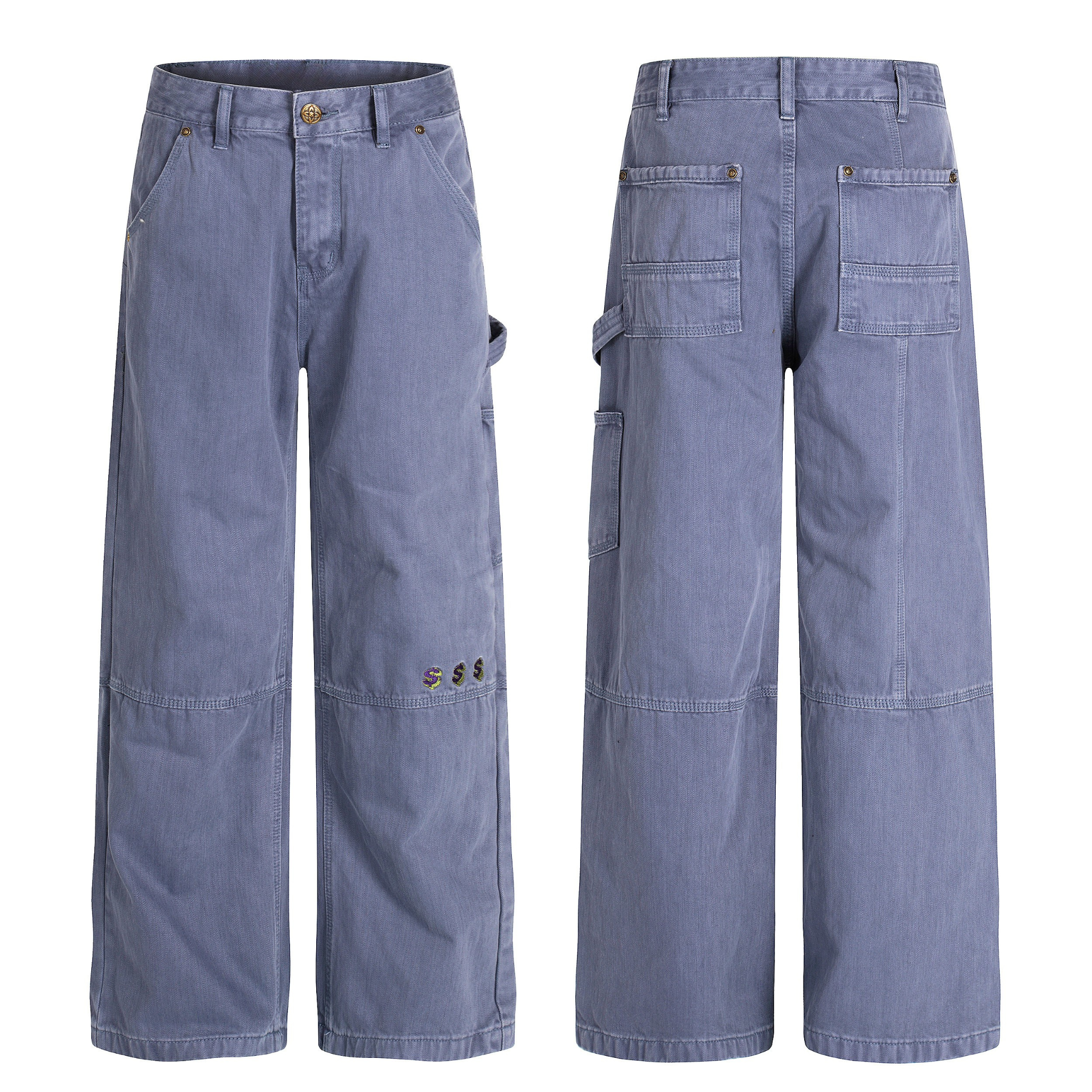 Front and back view of wide-leg blue-grey vintage carpenter pants with utility pocket and dollar sign embroidery near the kne