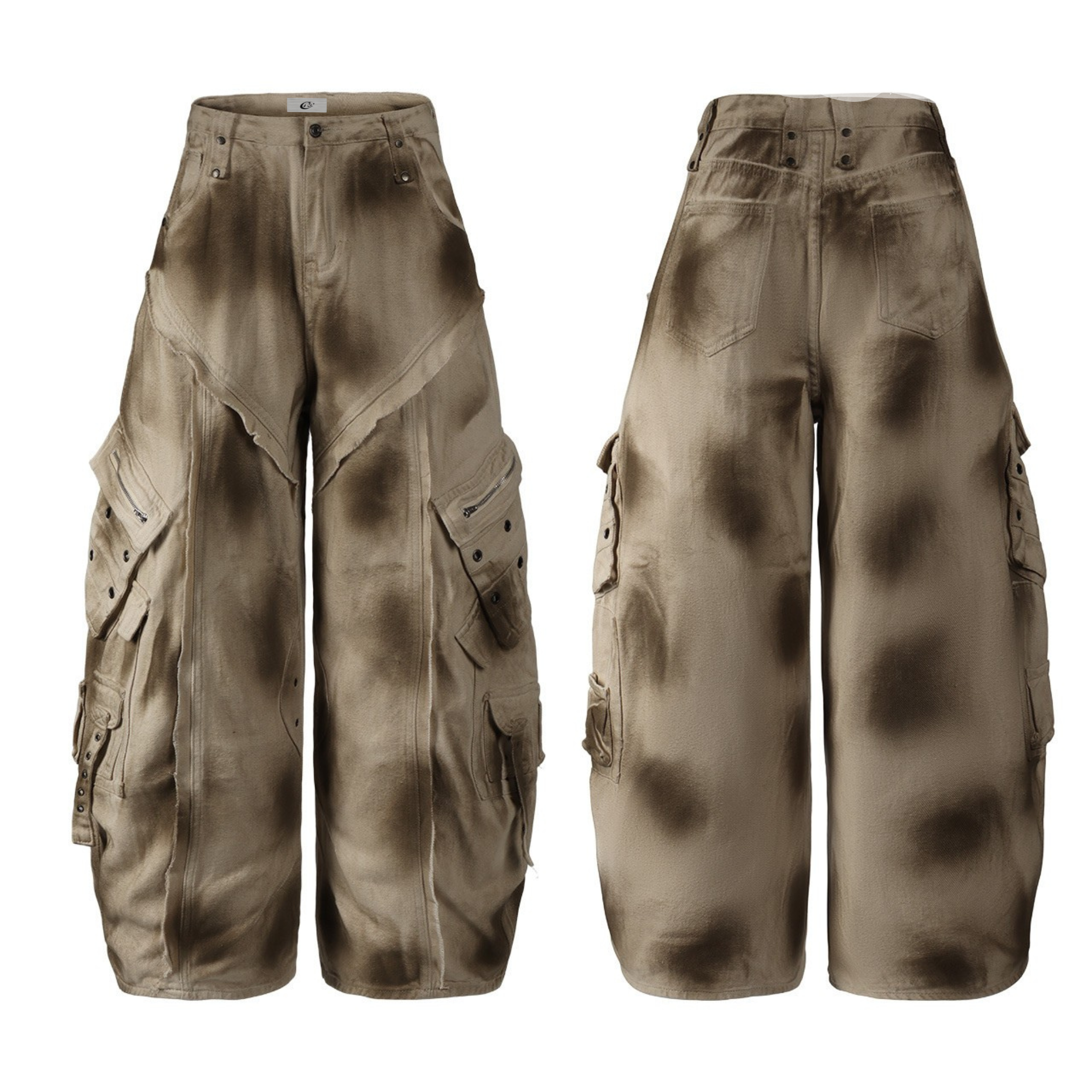 Front and back view of khaki distressed cargo barrel pants with smoke-dye patina and multiple zip and snap pockets