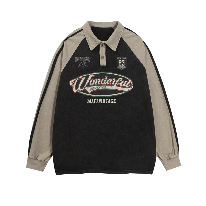 Black rugby polo sweatshirt with beige sleeves and front Wonderfu graphic
